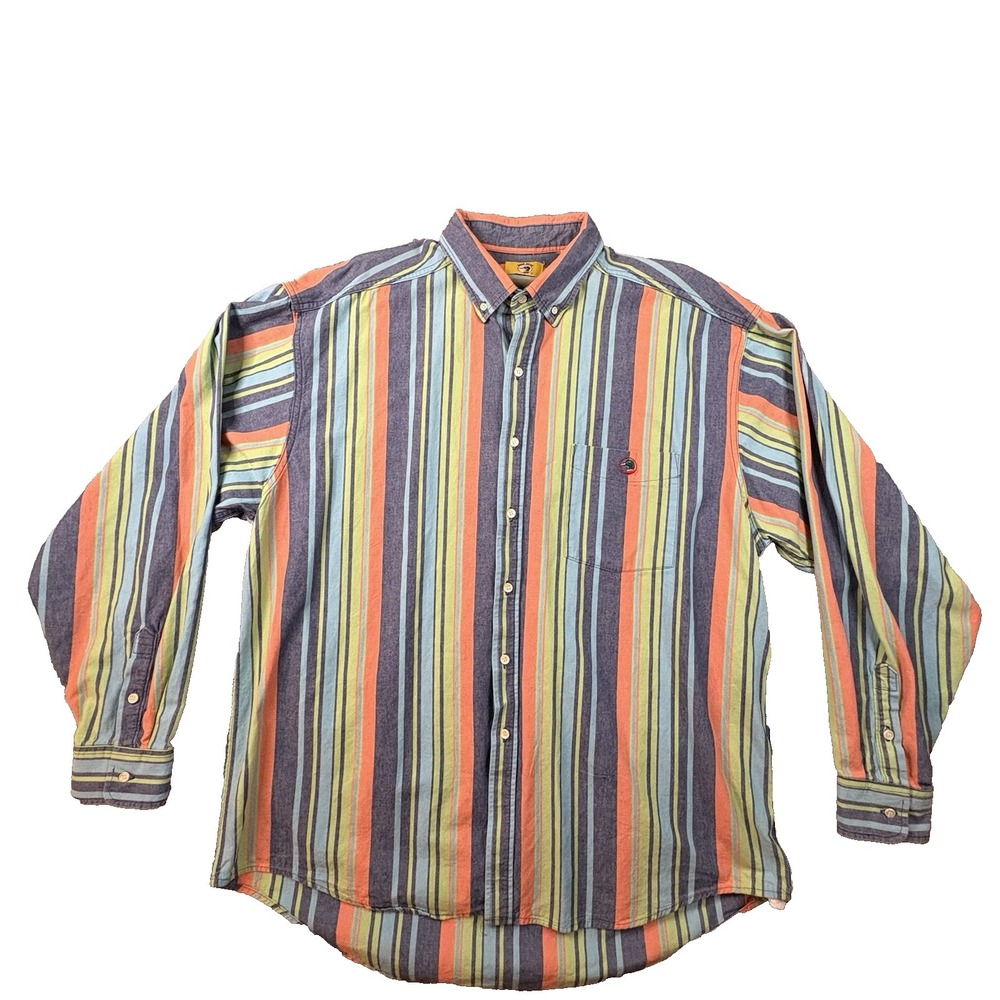 VTG Duck Head Men's 2XL Blue Orange Green Stripe Button Down Shirt Made in USA